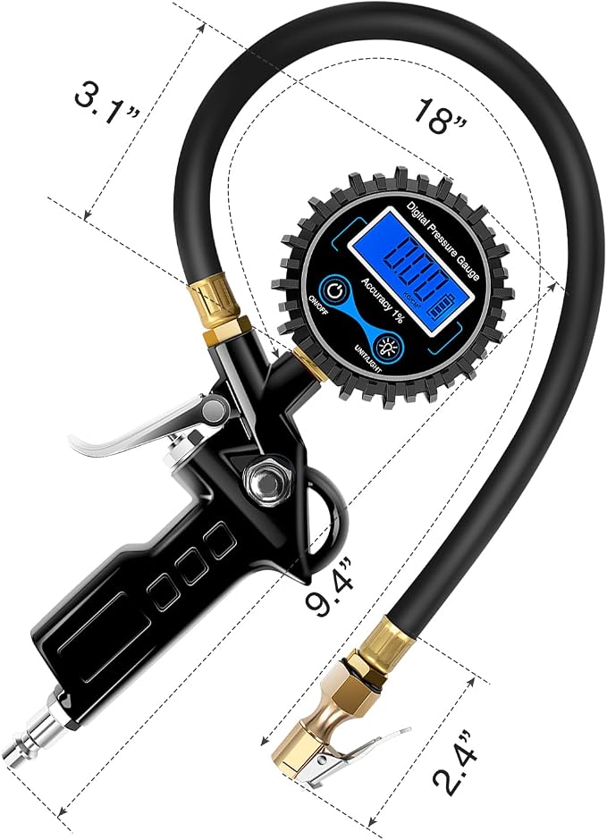 50026R Digital Tire Inflator Pressure Gauge,250 PSI Air Chuck and Compressor Accessories Heavy Duty with Rubber Hose Quick Connect Coupler for 0.1 Display Resolution