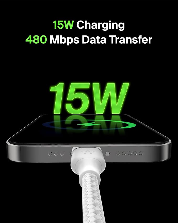 BoostCharge Braided USB-C to USB-A Charging Cable (3.3ft/1M) for iPhone 17 & 16 Series, Samsung Galaxy S25 Series, Google Pixel 10, iPad Pro, Nintendo Switch 2, Carplay, & More - White (2-Pack)