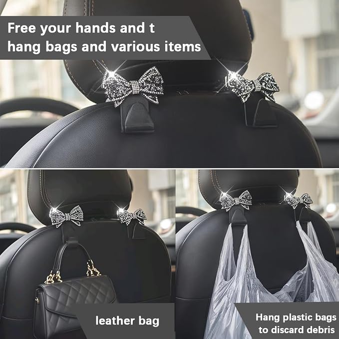 Zpana Bling Car Headreat Hook, 2PCS Crystal Rhinestone Cute Bow Vehicle Seat Back Hanger Storage for Purses Bags Grocery, Diamond Auto Rear Seat Organizer, Universal for SUV Truck Sedan (Red)