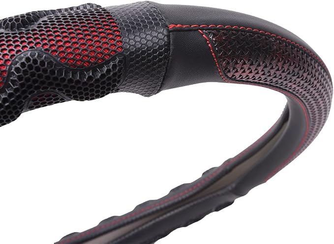 car Steering Wheel Cover Faux Leather Massage Universal fit 3D Honeycomb Hole Anti-Slip Sporty 15 Inches (Red with Black)