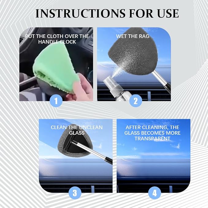 19" Extra-Long Windshield Cleaner Tool, Auto Glass Wiper Brush Kit | Car Interior Detailing Cleaning Kit with Extendable Handle and 4 Reusable Microfiber Pads, Car Window Cleaner, for Cars