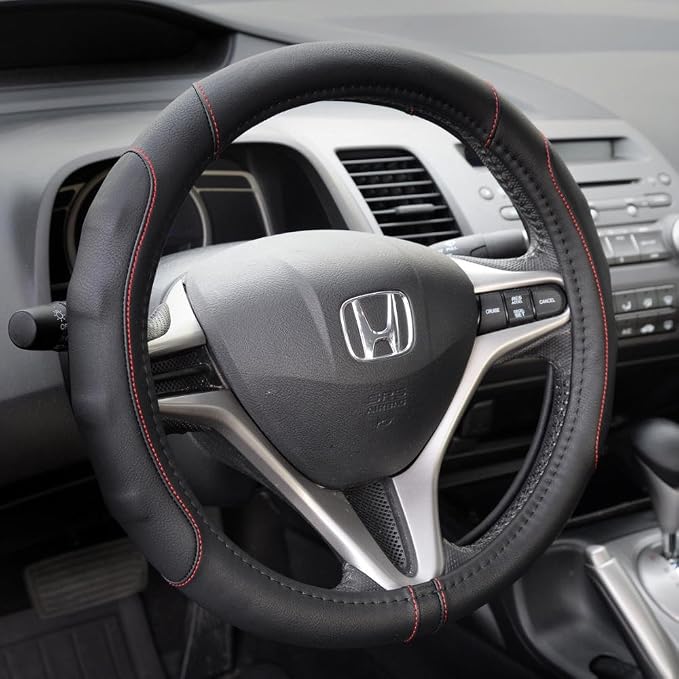 Ergonomic Steering Wheel Cover/Protector for Small Size Steering Wheels in Cars, SUVs, Boats (13.5-14.5") - Grip Drive Pro Comfort Grip (Black/Red Stitching)
