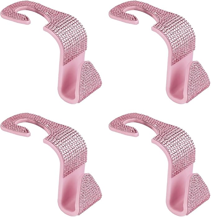 4PCS Bling Car Seat Headrest Hook, Crystal Rhinestone Backseat Hanger Organizer for Purse Handbag Umbrella, Shiny Auto Interior Seat Back Storage Holder Hook, Universal Fit (Pink2)