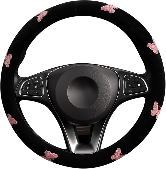 Pink Embroidery Butterfly Steering Wheel Cover, Nappa Leather Material, Universal 14.5-15 Inch Leather Anti-Slip Breathable Auto Steering Wheel Covers for Men Women