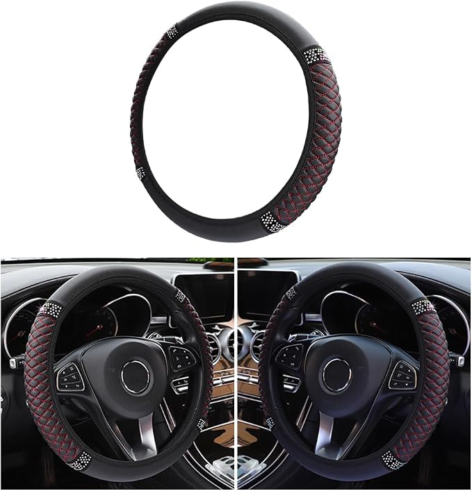 Bling Car Steering Wheel Cover, 15 Inch Rhinestones Soft Leather Elastic Steering Wheel Protector, Sparkly Crystal Diamond for Women Girls (Black/Red)