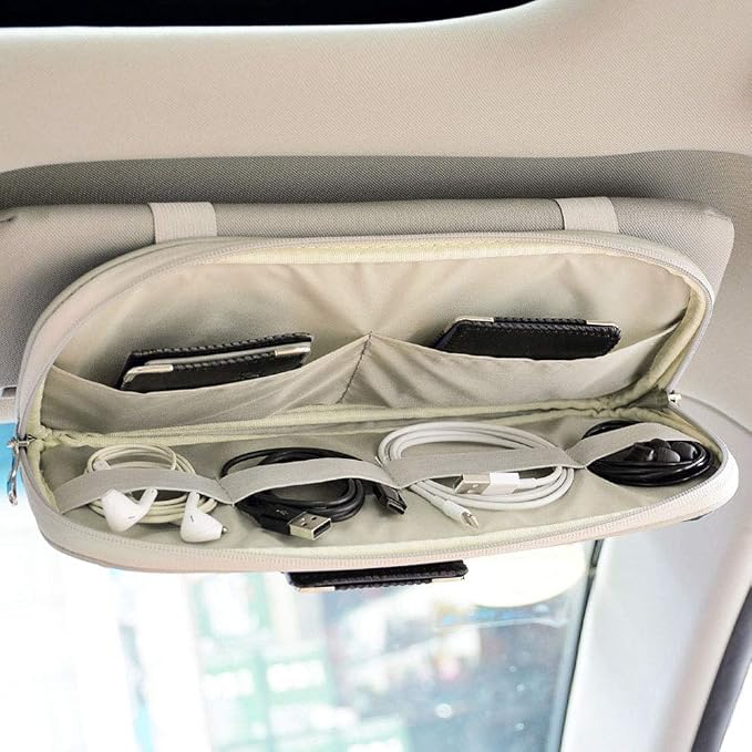 Car Sun Visor Organizer, Multi-Pocket Visor Organizer Storage Pouch for Cars, SUVs & Trucks with Double Zippers, Elastic Bands & Glasses Clip - Organizes Essentials Keep Tidy (Cream Grey)