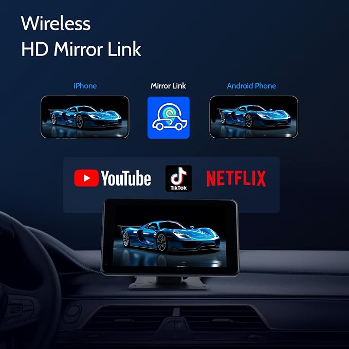 Portable Wireless Carplay Car Stereo, 7 inch HD Touchscreen for All Vehicles,with Apple CarPlay & Android Auto with Backup Camera/Mirror Link/Voice Control/Bluetooth/GPS/AUX/FM Satellite Radio