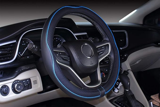 Large Size Steering Wheel Cover Anti-Slip,Safety,Soft,Breathable,Durable,Full Surround,Comfortable Grip Microfiber Leather (15.5-16 inch, Black Blue)