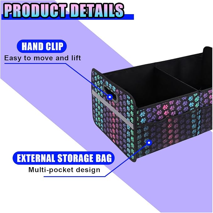 Car Trunk Organizer, Waterproof Large Capacity 600D Oxford Fabric Auto Trunk Storage Container with Pockets, Multi-Compartment Vehicle Storage Box Accessories for Car SUV Truck (Colorful)