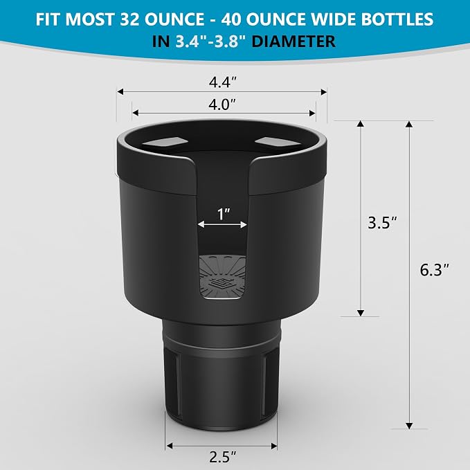 Cup Holder Expander with Phone Holder & Cable Access, 3-in-1 Car Organizer, Side Storage Box for Phone/Cards, Compatible with Yeti, Owala, Hydro Flasks & Large Bottles Mugs in 3.4"-3.8"