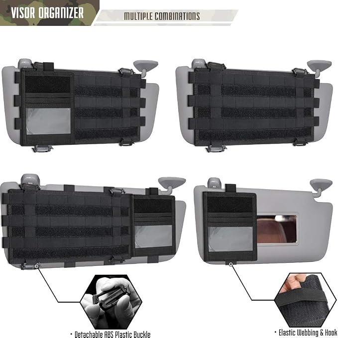 WYNEX Molle Car Visor Organizer with Detachable Card Pouch | Auto Sun Visor Storage Molle Panel with Elastic Webbing Slots for Glasses & Tactical Gear | Fit Most Vehicle, Jeeps, SUVs & Trucks