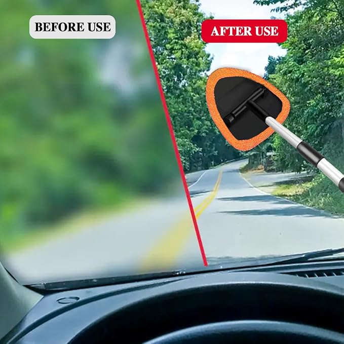 Windshield Cleaning Tool, Car Window Cleaner with Extendable Long Handle and 4 Washable Reusable Microfiber Pads, Auto Interior Exterior Auto Glass Wiper for Windshield, Universal for Cars (Orange)
