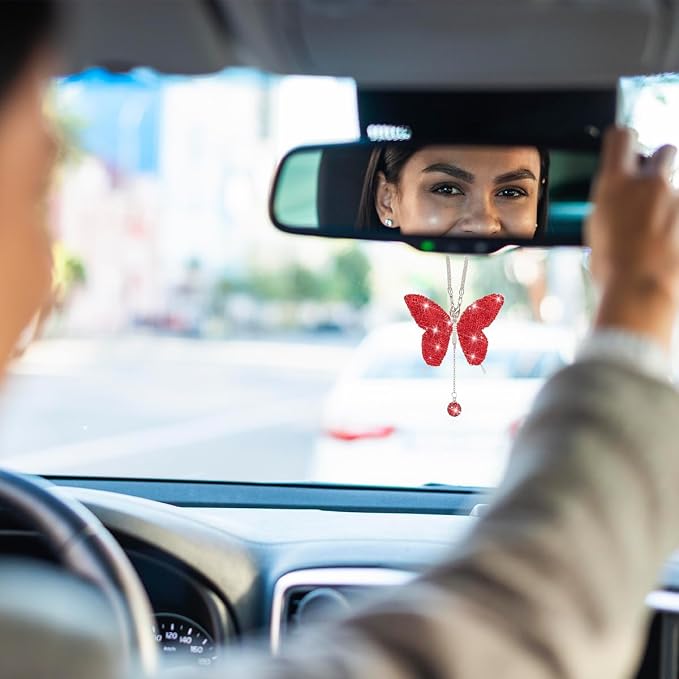 Bling Butterfly Diamond Car Accessories, Crystal Car Rear View Mirror Charms for Women, Car Decoration Lucky Gifts Hanging Interior Crystal Ornament Pendant Decor for All Cars (Red)