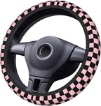 Pink and Black Checkered Steering Wheel Cover for Women, Universal Auto Steering Wheel 14-15 Inch Car Interior Accessories with 2PCS Car Coasters, Suitable for Men and Women