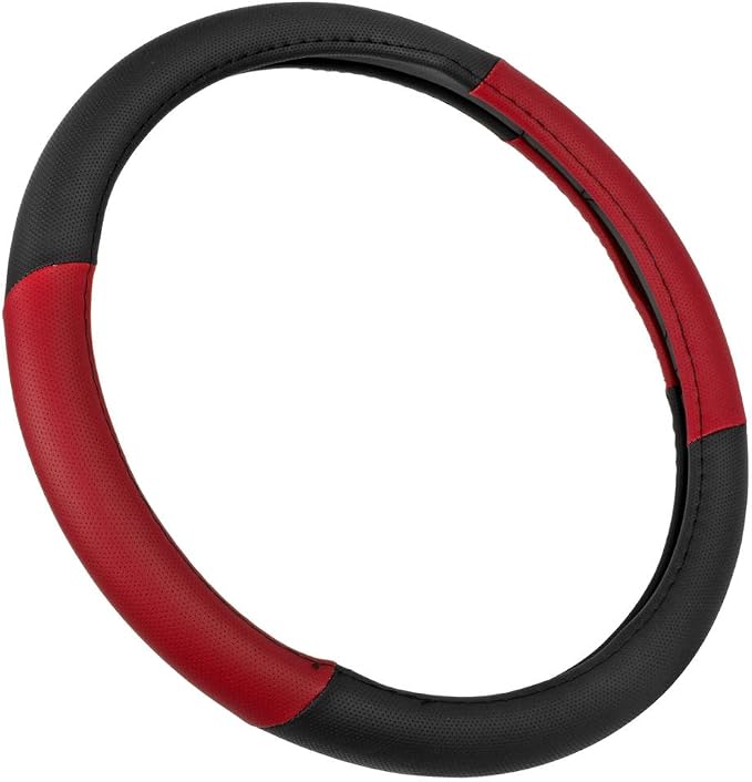 Sporty Two Tone Ergonomic Grip Steering Wheel Cover - Plush Leather Grip for Standard Size Wheels 14.5-15 inch Red/Black