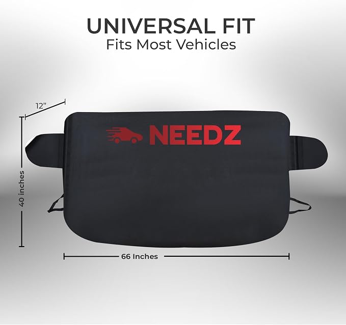 NEEDZ 2in1 Windshield Cover for Sun and Snow | Light Weight 170T Silver Coated Fabric Premium Windshield Protection for Cars, SUVs, Trucks | Secure Fit Waterproof Frost Cover | Large (88"x39")*