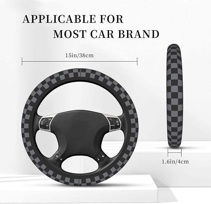 Black and Gray Checkered Steering Wheel Cover for Women, Steering Wheel Covers with Anti-Slip Lining, Universal 14.5-15 inchs Car Interior Accessories with 2PCS Car Coasters Suitable for Men and Women