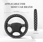 Black and Gray Checkered Steering Wheel Cover for Women, Steering Wheel Covers with Anti-Slip Lining, Universal 14.5-15 inchs Car Interior Accessories with 2PCS Car Coasters Suitable for Men and Women