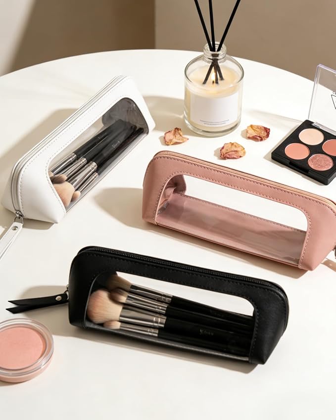 2Pack Clear Makeup Bags Set,Clear Travel Makeup Brush Holder,Portable Leather Pencil Case Holder Travel Toiletry Bag for Women (Chic Pink)
