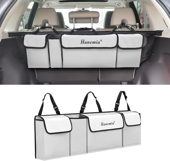 Car Trunk Organizer and Storage, Backseat Hanging Organizer for SUV, Truck, MPV, Waterproof, Collapsible Cargo Storage Bag with 4 Pockets, Car Accessories for Men and Women (Beige)