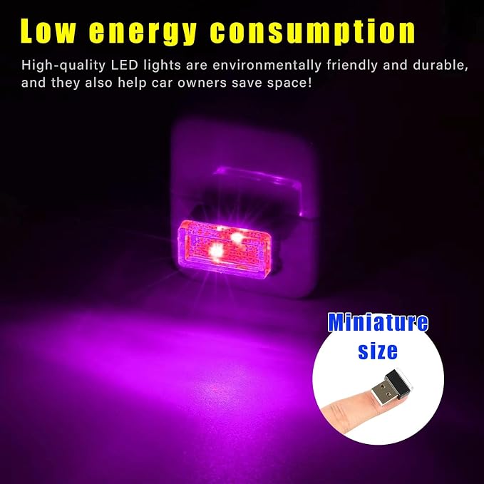 4 PCS USB LED Car Interior Atmosphere Lamp, Plug-in USB Decor Night Light, Portable Auto Ambient Lighting Kit, Universal Vehicle Interior Accessories for Most Cars (White & Purple)
