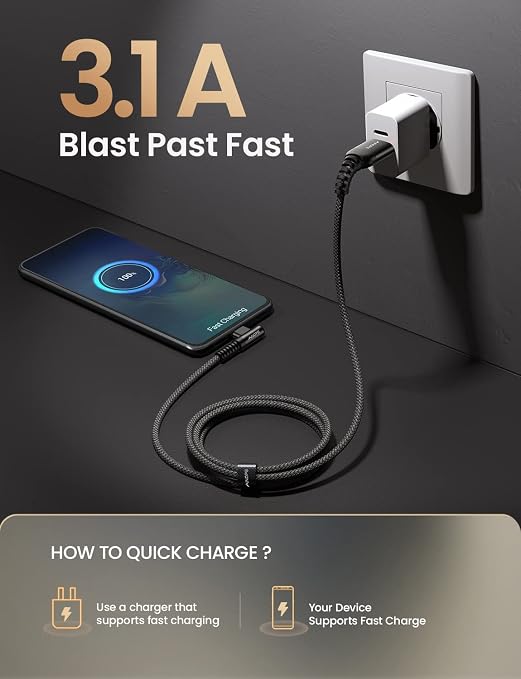 AINOPE USB Type C Cable 5-Pack [10/6.6/6.6/3.3/1.6ft] 3.1A C Type Charging Cable Right Angle, Nylon Braided USB C Cable Compatible with Galaxy S22 S20 Plus, Note 20, LG V20, Type C Charger Black