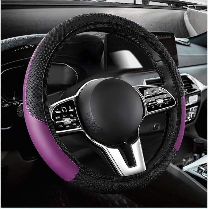 Car Steering Wheel Cover, 15 Inch Anti-Slip Stretch Leather Steering Wheel Protector, Comfortable Breathable Sporty Steering Wheel Cover for Women Men, Car Accessories (Black & Purple, AD)