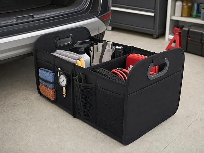 Car Trunk Organizer Foldable Waterproof Storage Caddy with Handles, Collapsible Auto Organizer for SUV, Truck, Van, Black