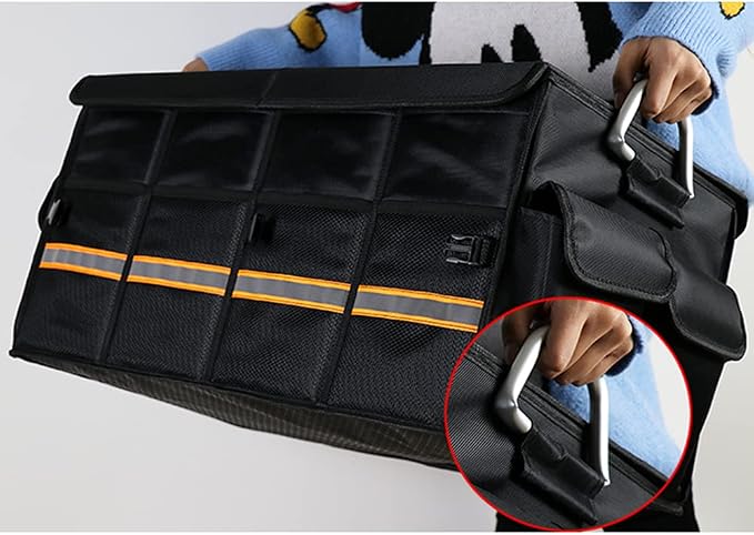 Car Trunk Organizer - Collapsible Trunk Organizer & Lid Foldable Cover Aluminium Alloy Handle Reflective Strip for Auto, SUV, Truck, Minivan (L Black)