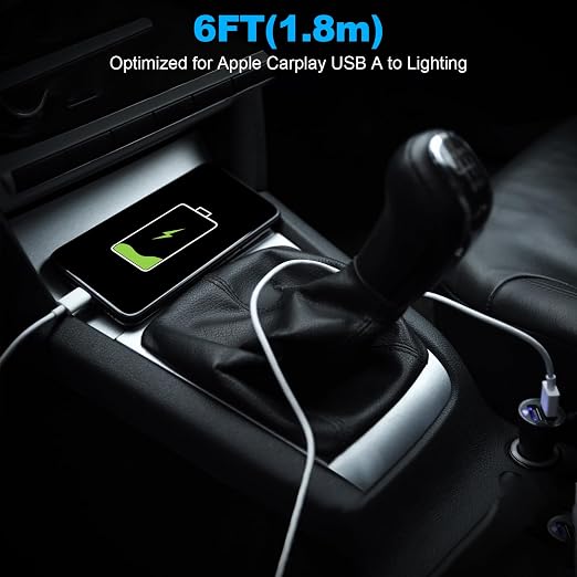 Car Apple Carplay Cable，USB A to Lightning Cable 6FT Compatible with iPhone 14 13 12 11 Pro Max XR XS X Charger Cord，Car Charging Cord（White）
