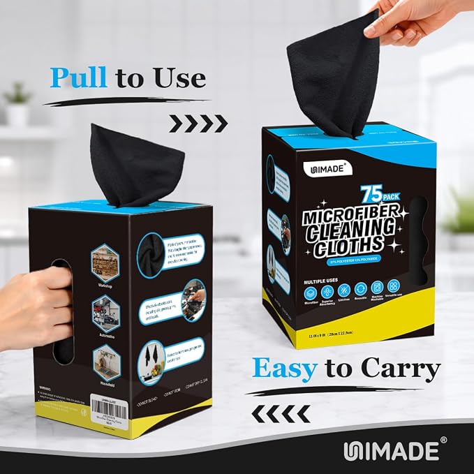 Microfiber Cleaning Cloth, 75 Sheets Microfiber Towels for Cars Commercial Grade Washcloths Lint-Free Bulk Shop Towel Cleaning Rags for Household Restaurant Garage Housekeeping, 11"x 9", Black
