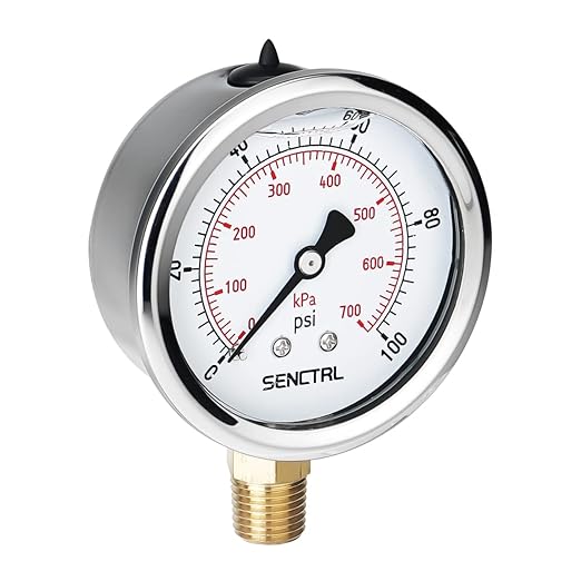 100 Psi Lead-Free Glycerin Liquid Filled Low Pressure Gauge, 2.5" Dial Size, 1/4" NPT Lower Mount, Stainless Steel Case, for Home Potable Water Pump, Air, Well, RV Hose, Pressure Test