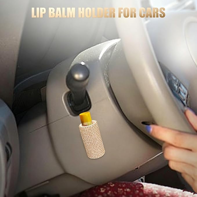 Upright Car Chapstick Holder, Bling Insulating Lip Balm Holder,Rhinestone Car Accessories for Women Interior,Suitable for Most Vehicles. (Champagne Gold)
