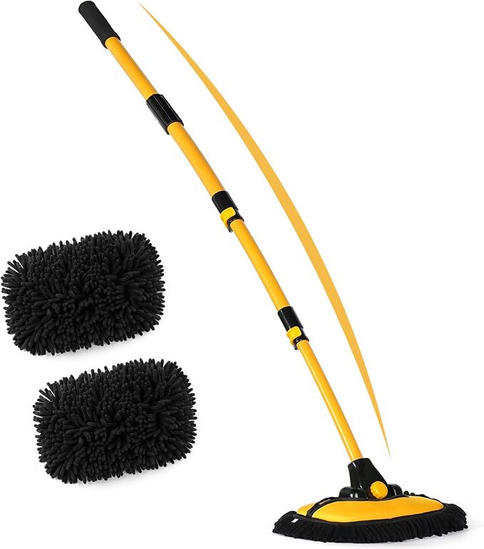 56.7" Car Wash Brush Mop Kit Mitt Sponge with Long Handle Car Cleaning Supplies Kit Tools Car Washing Duster Exterior Scratch Free, Chenille Replacement Head Extension Pole