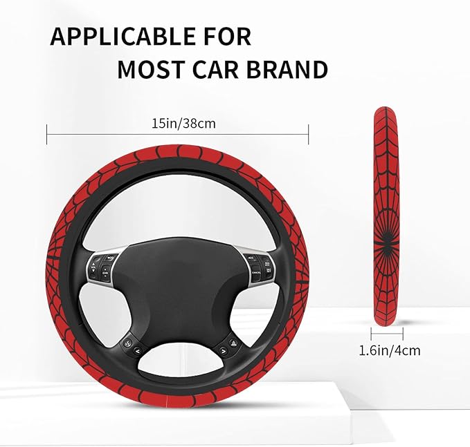 Car Steering Wheel Cover for Women Men, Non-Slip Red Spider Web Steering Wheel Protector, Universal 14"-15" Fit for Cars, SUVs, Trucks (Red Spider Web)