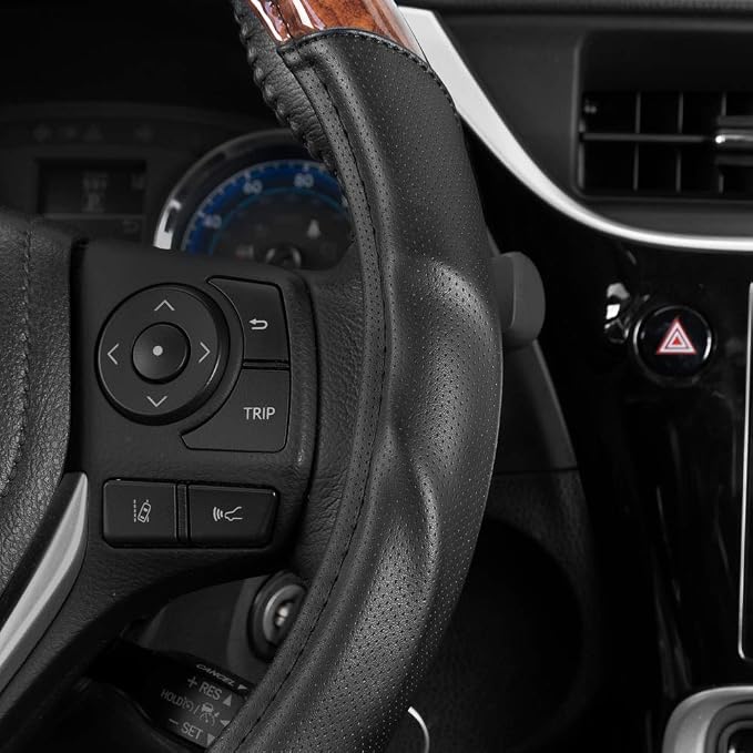 Dark Wood Grain Steering Wheel Cover with Black Faux Leather Comfort Grip, Standard 15 inch Size, Car Steering Wheel Cover for Truck Van SUV Auto