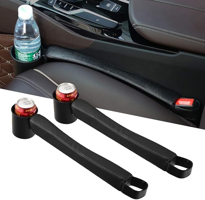 2 Prices Car Seat Gap Filler Pad PU Leather Console Side Pocket Organizer and one Cup for Cellphone Wallet Coin Key (Black)