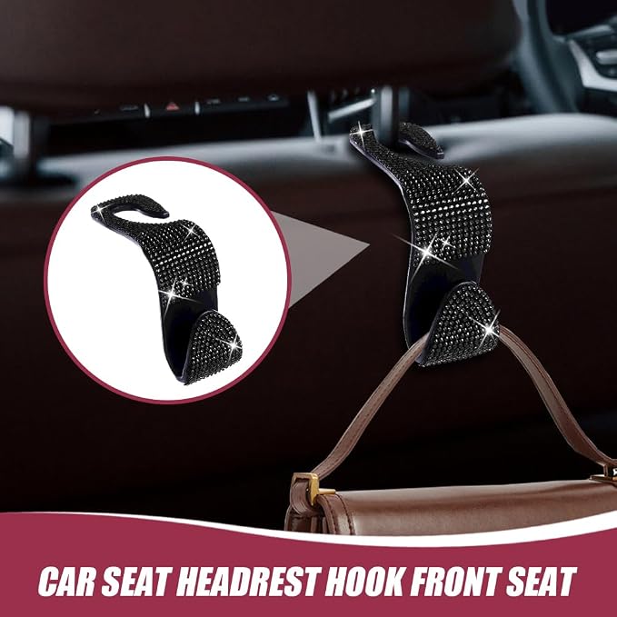 2 Pack Car Hooks, Bling Rhinestones Crystal Hooks, Auto Seat Back Organizers, Car Decorations Backseat Hanger, Car Seat Hooks Perfect for Holding Handbags, Clothes, Purses and Water Bottles