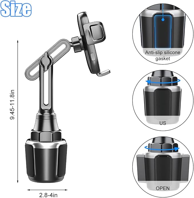 Car Cup Phone Holder, 360° Rotation Carbon Fiber Vehicle Cup Cellphone Holder with Long & Adjustable Neck, Auto Interior Smartphone Expander Mount Accessories, Universal Fit (Silver)