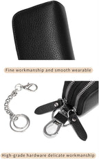 Key Fob Case Genuine Leather, Double Zipper Car Key Holder & Key Wallet with Keychain, Key Pouch for Purse Gift