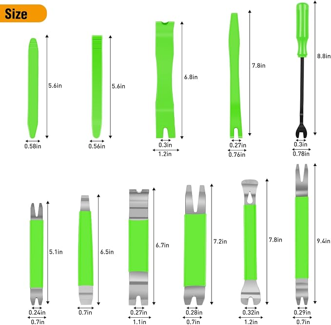 11 PCS Trim Removal Tool Kit, Metal Pry Tool Auto Fastener Remover Pry Bar Set Car Door Panel Removal Tool Dashboard Repair Kit Green