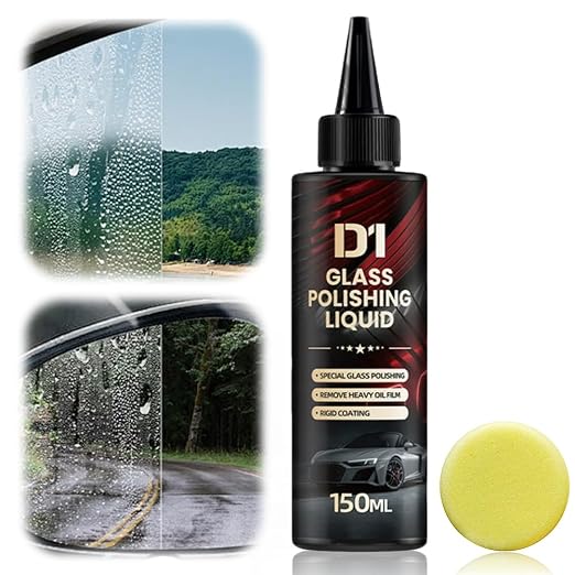 D1 Glass Polishing Liquid, 2025 Upgrade Car Glass Oil Film Remover and Auto Scratch Repair Compound, Car Glasses Polishing Compound, Anti-Fog Hydrophobic Coating Spray with Sponge (1)
