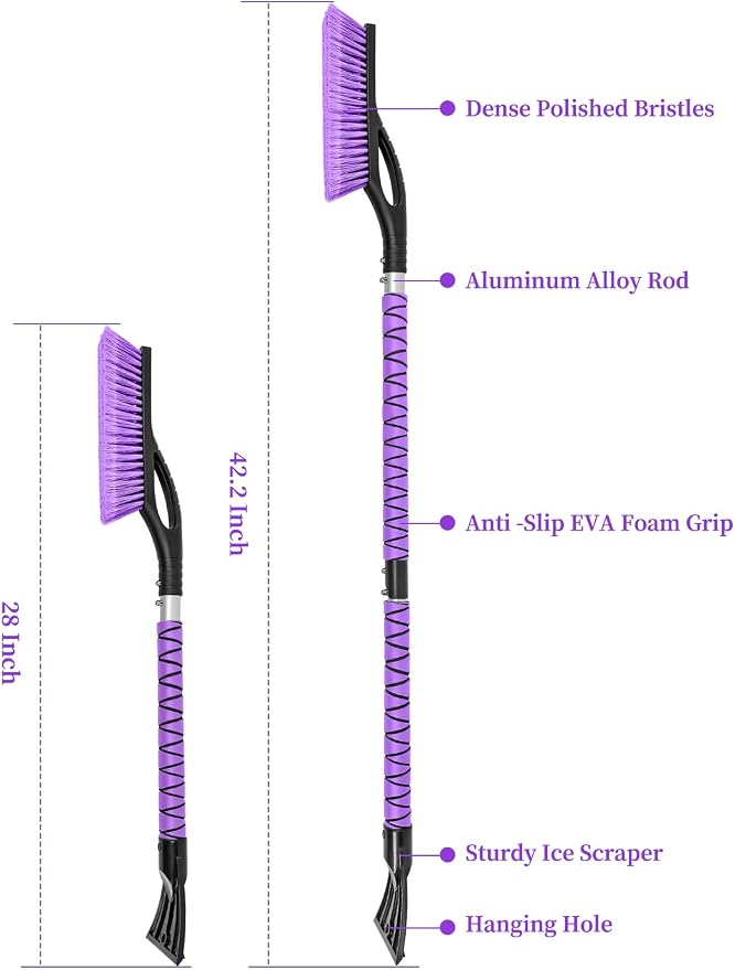 42.2 Inch Ice Scraper and Brush for Car, Snow Brush and Ice Scraper for Windshield Window, Car Snow Scraper with Foam Grip for SUV Truck Vehicle - Purple