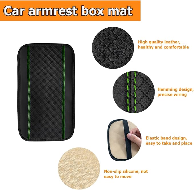 Car Armrest Storage Box Mat, Fiber Leather Car Center Console Cover, Car Armrest Seat Box Cover Accessories Interior Protection for Most Vehicle, SUV, Truck, Car (Black/Green)