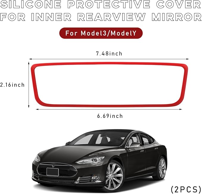 Car Rear View Mirror Protector Frame, Silicone Auto Rearview Edge Protection Cover Compatible with Model 3 Model Y, Interior Rear View Trim Frame Decoration, Car Accessories (Red-2PCS)