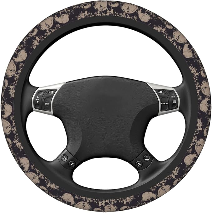 Elastic Skulls Halloween Car Steering Wheel Cover Protector Thicken,Grunge Spooky Horror Black,Anti Slip Stretchy Soft Car Accessories for Diverse Cars Truck SUV for Men Women Universal 15 Inch