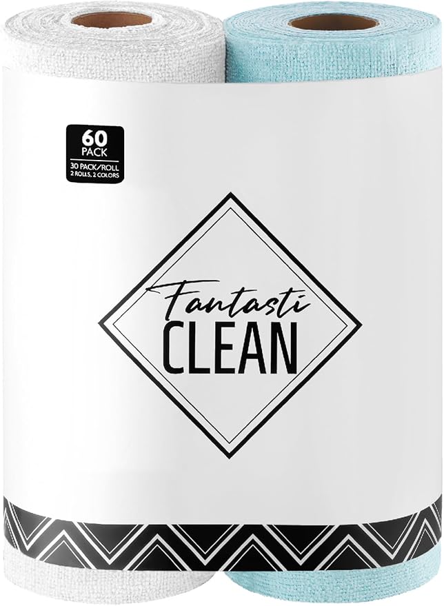 Microfiber Cleaning Cloth Roll -60 Pack, Tear Away Microfiber Towels, 12" x 12", Reusable, Washable, Scratch Free, Ultra Absorbent Dishcloth for All-Around Cleaning (White & Blue)