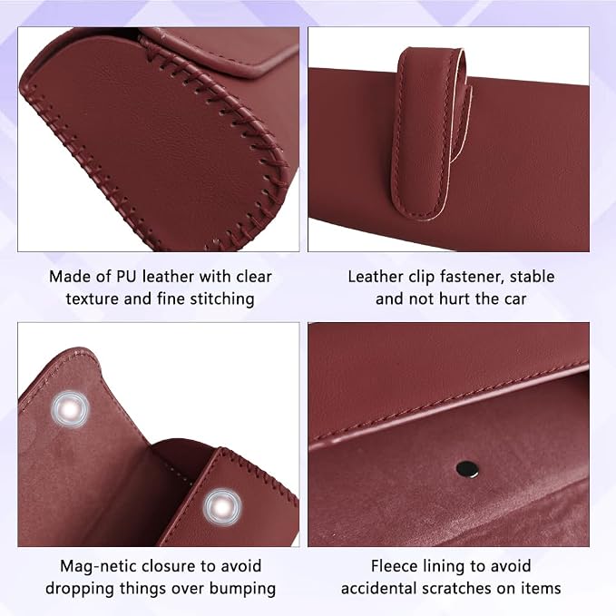 Sunglasses Holder for Car Sun Visor, Sunglass Organizer for Car, Magnetic Leather Eyeglasses Protective Storage Case, Waterproof Glasses Organizer Visor Accessories for Vehicles (Wine Red)
