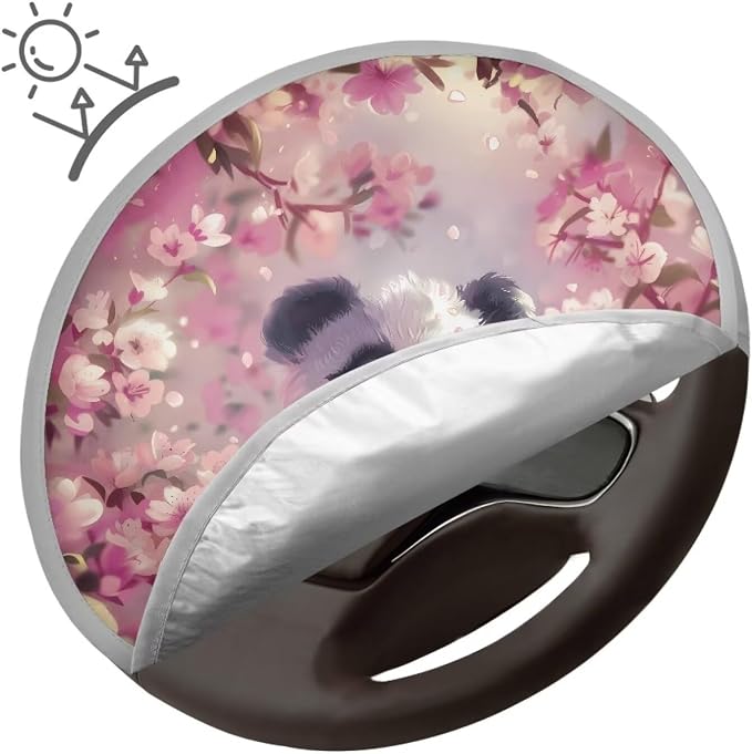 Steering Wheel Cover Sun Shade Pink Cherry Blossom Panda Car Steering Wheel Accessories for Women 17 inch Cooling Steering Wheel Cover Block Sun & Heat Universal Fit for Cars SUV Trucks
