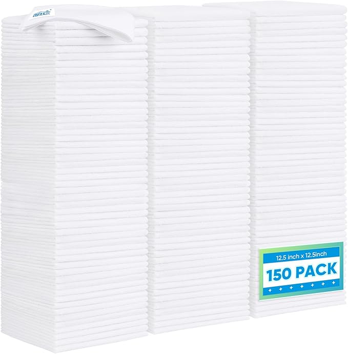 White Microfiber Cleaning Cloth 150 Pack, 12.5 x 12.5 inch Microfiber Towels for Car Washing Cleaning Rags for Car, Kitchen, and Window